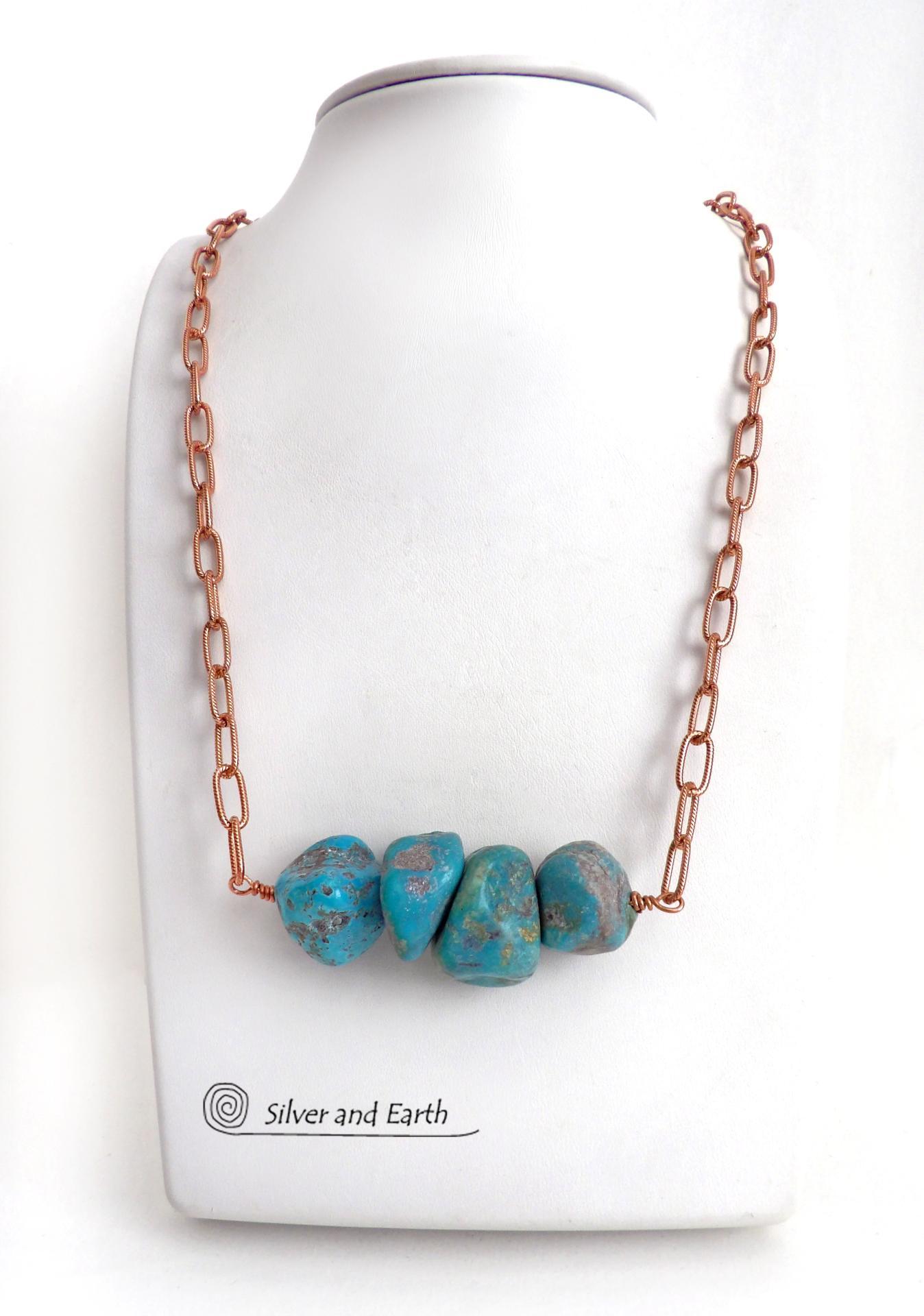 Chunky Turquoise Necklace on Copper Chain - Natural Turquoise